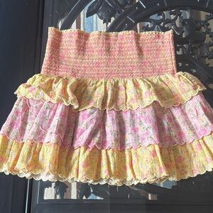 LoveShackFancy Smocked Tiered Ruffle Skirt - Pink and Yellow